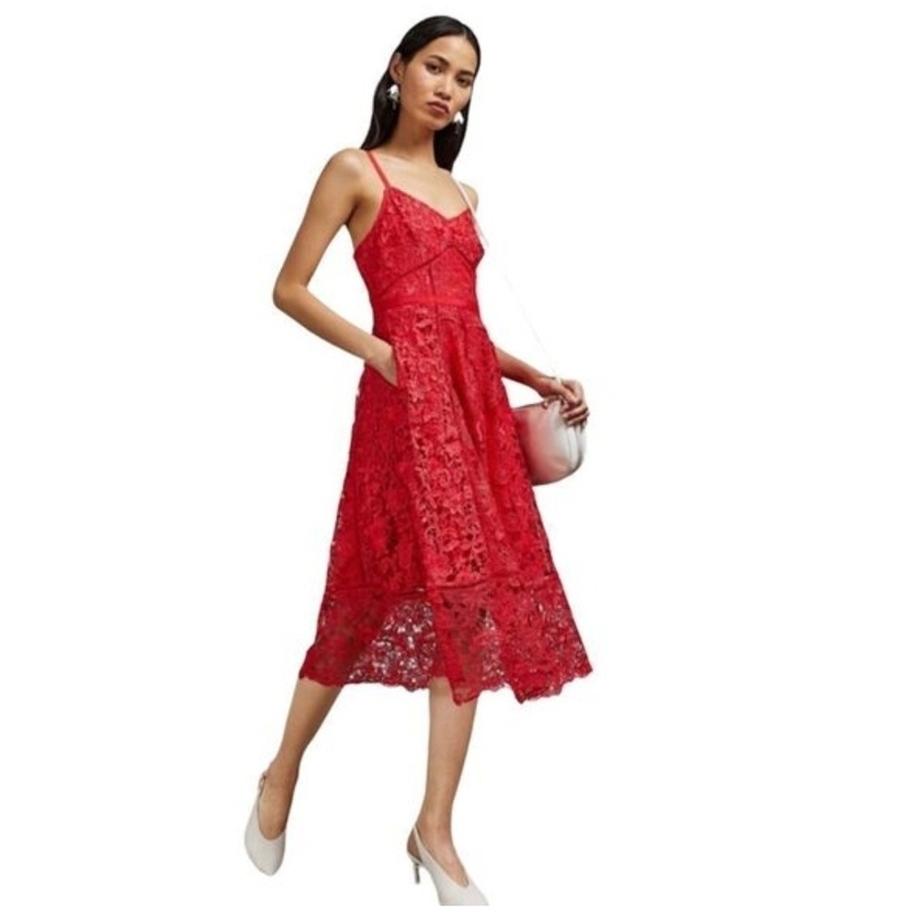 Ted Baker Whimsical Valens Red Floral Lace Midi Dress Formal Cocktail Size 2